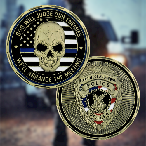 Thin Blue Line Skull St Michael Police Challenge Coin mysite