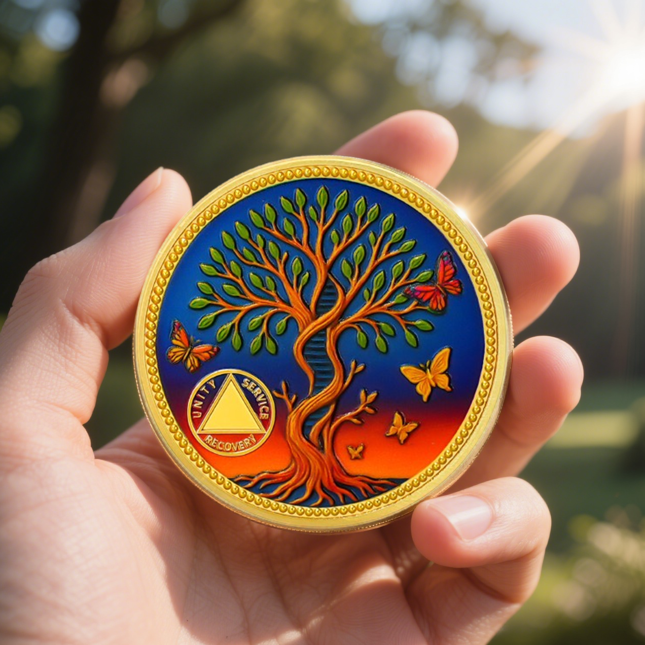 Pesonalized Tree of Life & Butterflies Sobriety Coin mysite
