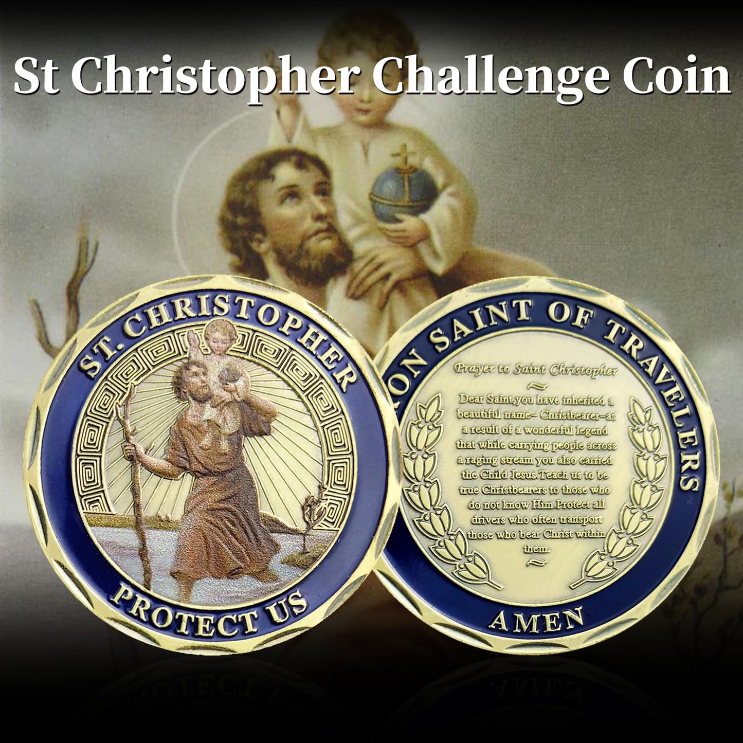 St Christopher Challenge Coin Protect Us Patron Saint of Travelers Prayer Safety St Christopher Car Medal Commemorative Gift mysite