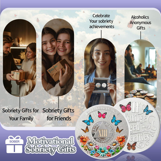 Colorful Sunflower 35 Year Sobriety Coin, Butterfly AA Coin - Courage to Change AA Chips and Medallion - Clean Thirty Year Sober Chip - Silver Recovery AA Chip - Sobriety Gifts for Women Men Eterna Paths