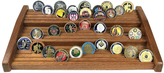 12 Rows Challenge Coins Display Stand Military Coin Holder Rack Walnut Wood Finish DecoWoodo