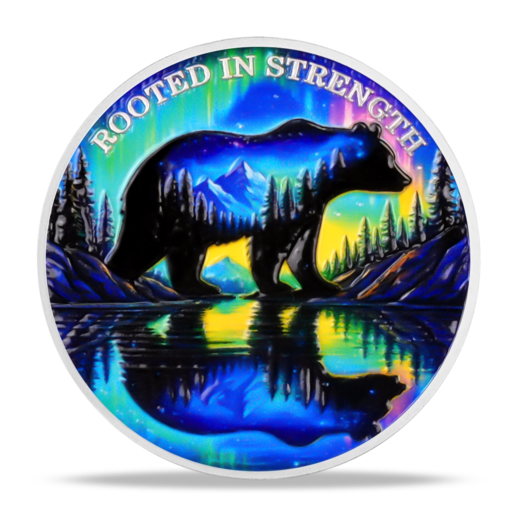Personalized Rooted in Strength Sobriety Coin – Bear & Aurora Design mysite