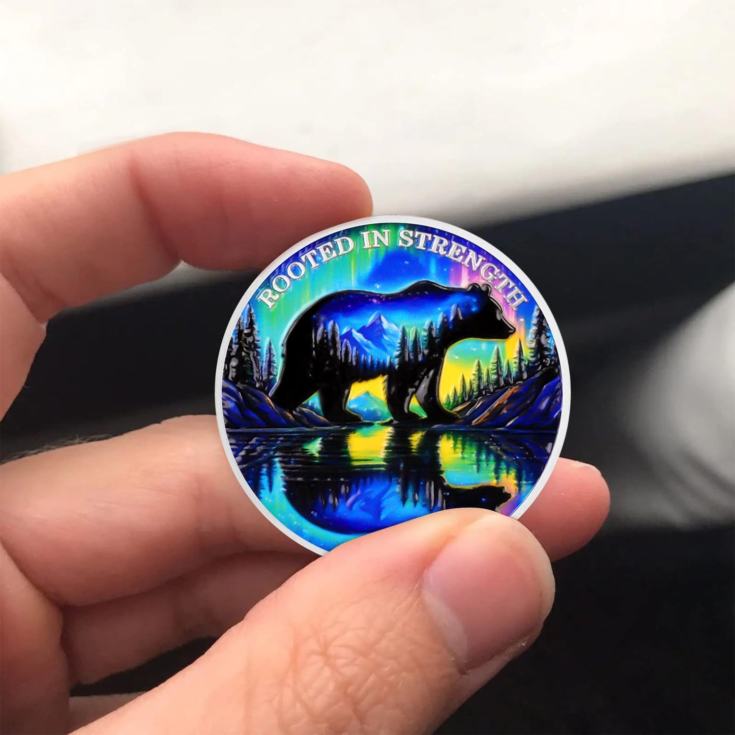 Personalized Rooted in Strength Sobriety Coin – Bear & Aurora Design mysite