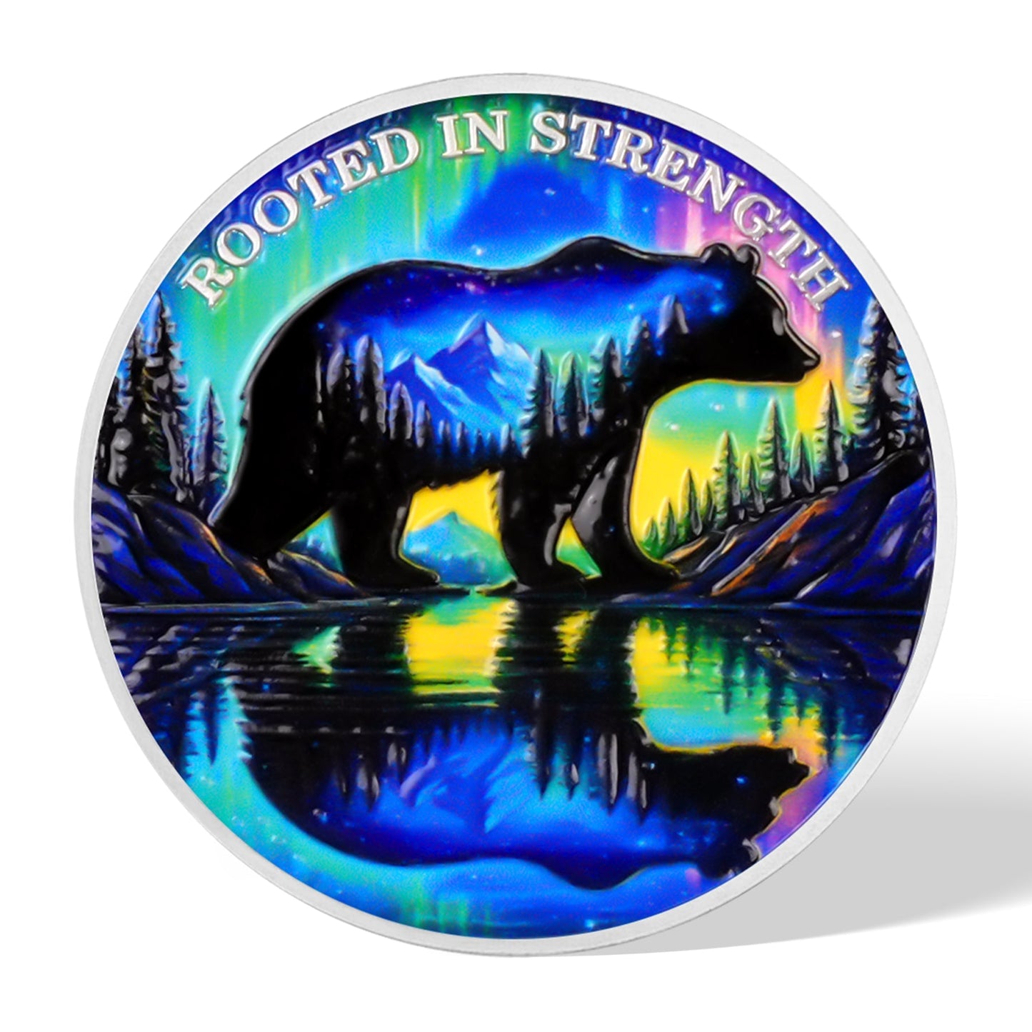 Personalized Rooted in Strength Sobriety Coin – Bear & Aurora Design mysite