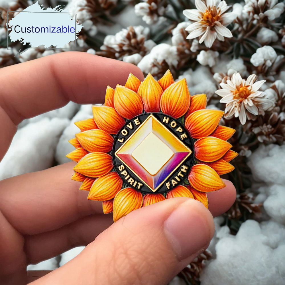 Personalized Sunflower Recovery Medallion Sobriety Coin with Serenity Message Love, Hope, Spirit & Faith Token Just for Today mysite