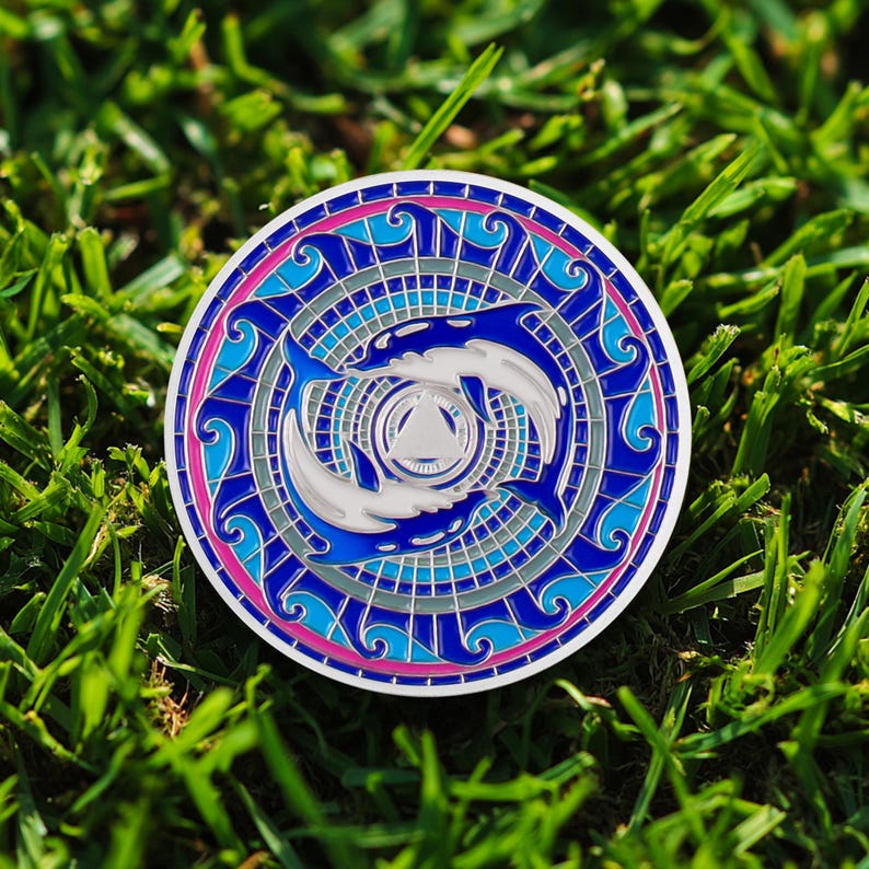 Personalized  Silver Dolphin Lotus Sobriety Coins mysite