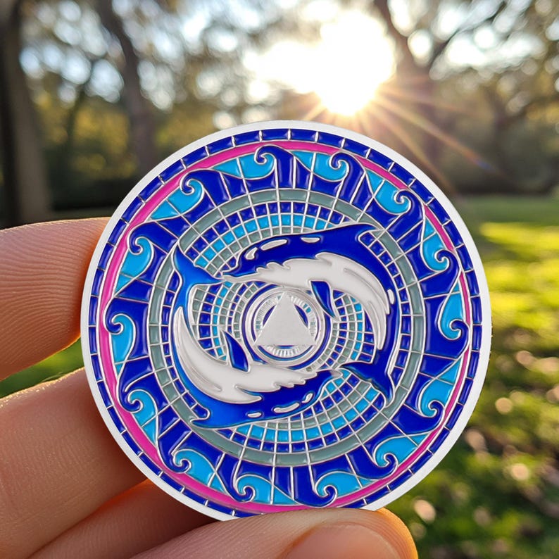 Personalized  Silver Dolphin Lotus Sobriety Coins mysite