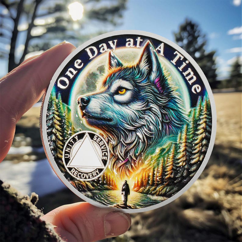 Personalized Recovery Triangle Forest Wolf One Day at a Time Sobriety Coin mysite