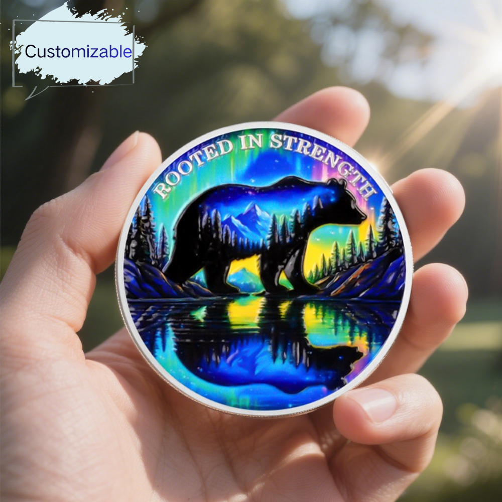 Personalized Rooted in Strength Sobriety Coin – Bear & Aurora Design mysite
