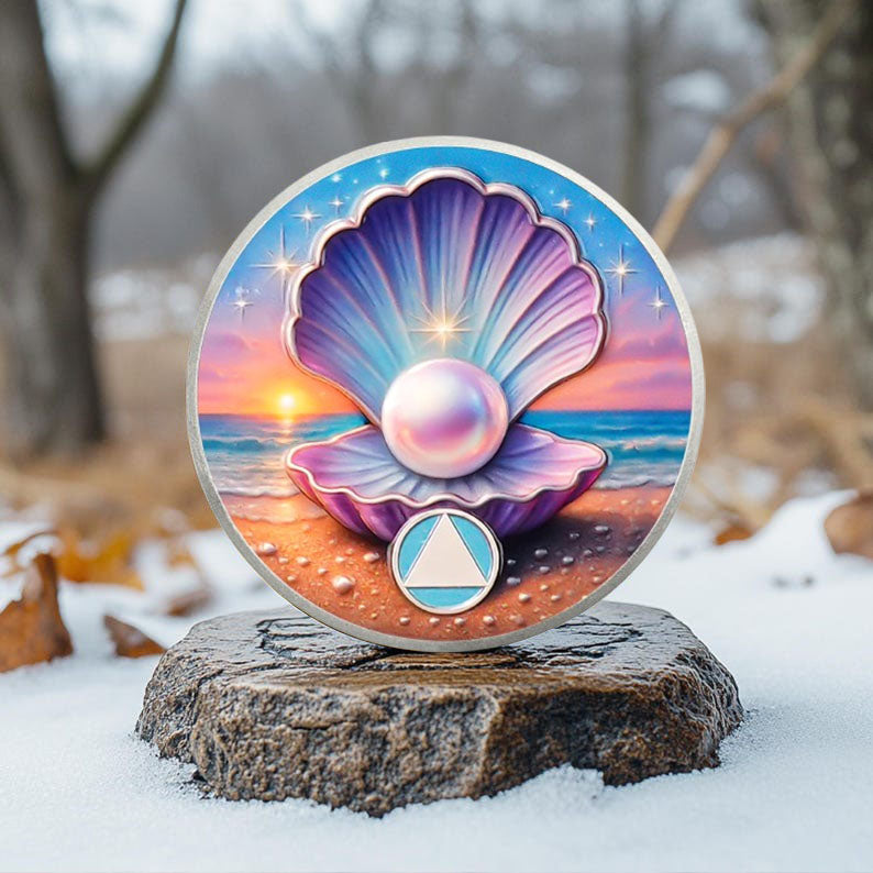 Personalize Purple Shell Pearl Sobriety Coins mysite