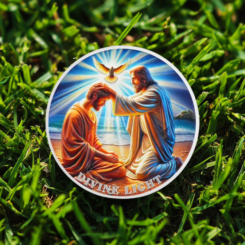 Divine Light Religious Coin Jesus Blessing Faithful with Dove & Light Symbo mysite