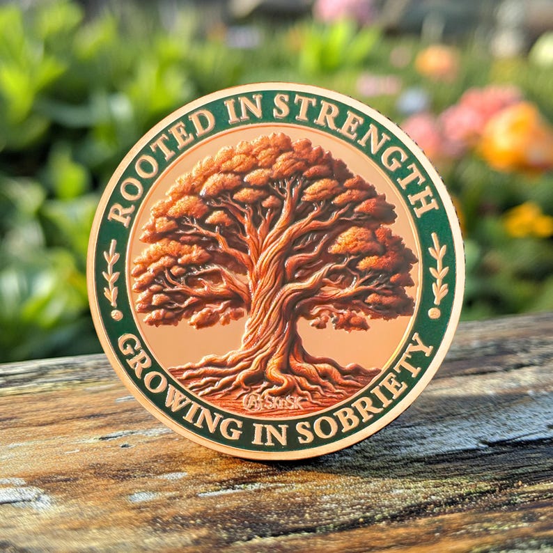 Brown Growing in Sobriety Tree of Life Embrace Change Coin mysite
