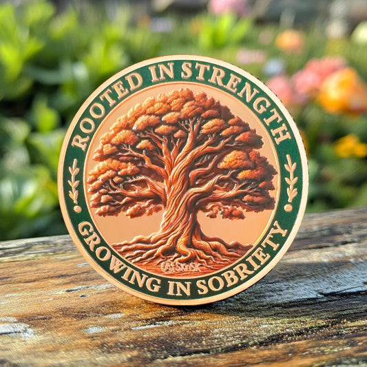 Brown Growing in Sobriety Tree of Life Embrace Change Coin mysite