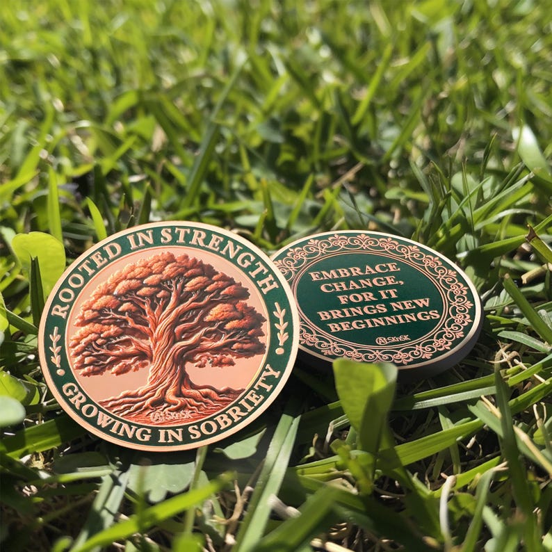 Brown Growing in Sobriety Tree of Life Embrace Change Coin mysite
