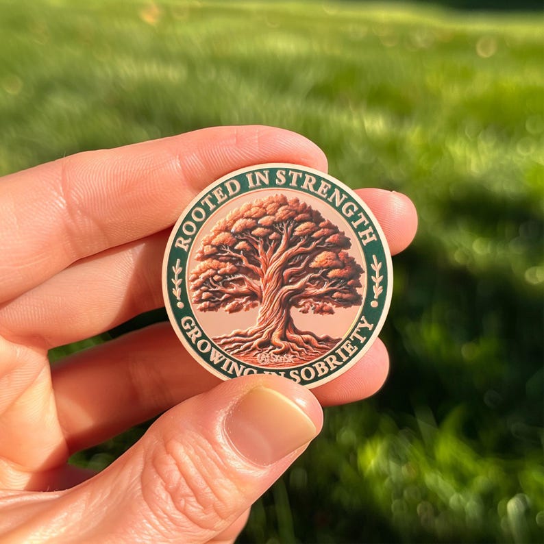 Brown Growing in Sobriety Tree of Life Embrace Change Coin mysite