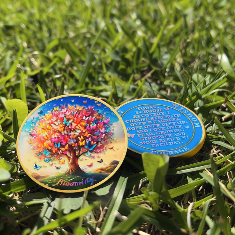 Blooming Tree of Life Colorful Recovery Butterfly Sobriety Coin mysite