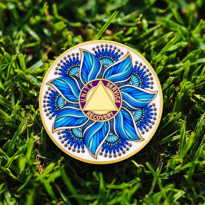 Personalized Recovery & Growth Blue Lotus Sobriety Coin mysite