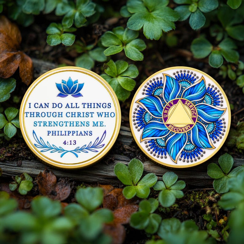 Personalized Recovery & Growth Blue Lotus Sobriety Coin mysite