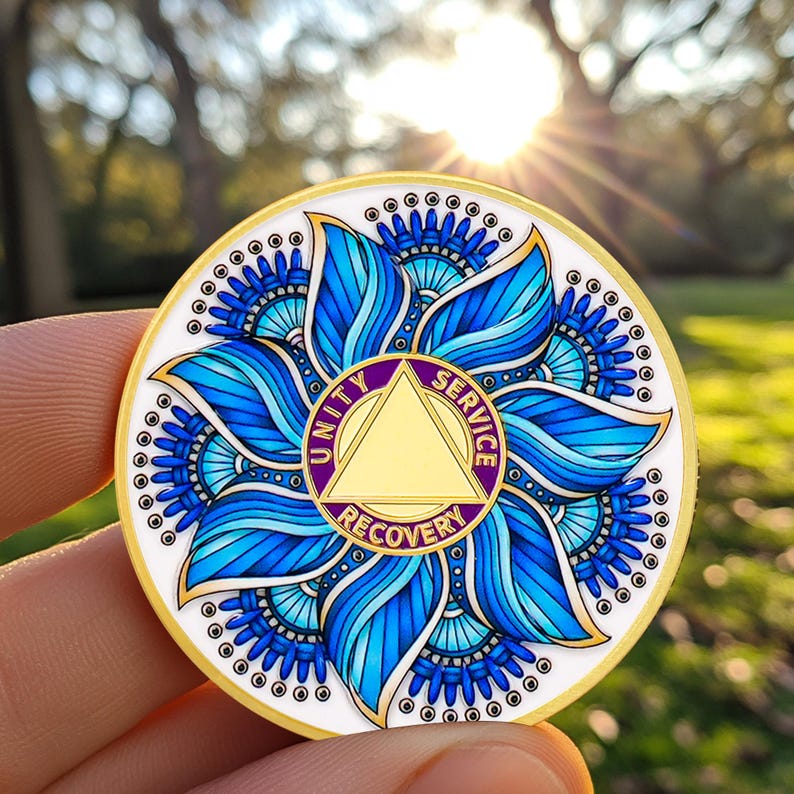 Personalized Recovery & Growth Blue Lotus Sobriety Coin mysite