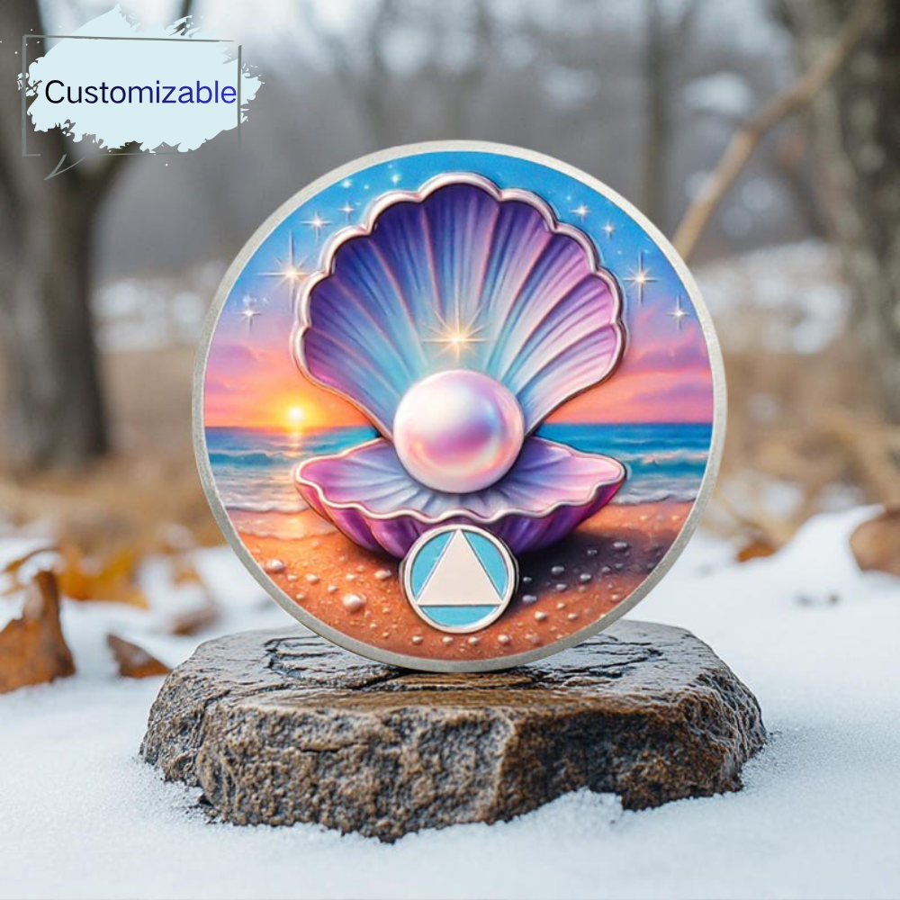 Personalize Purple Shell Pearl Sobriety Coins mysite