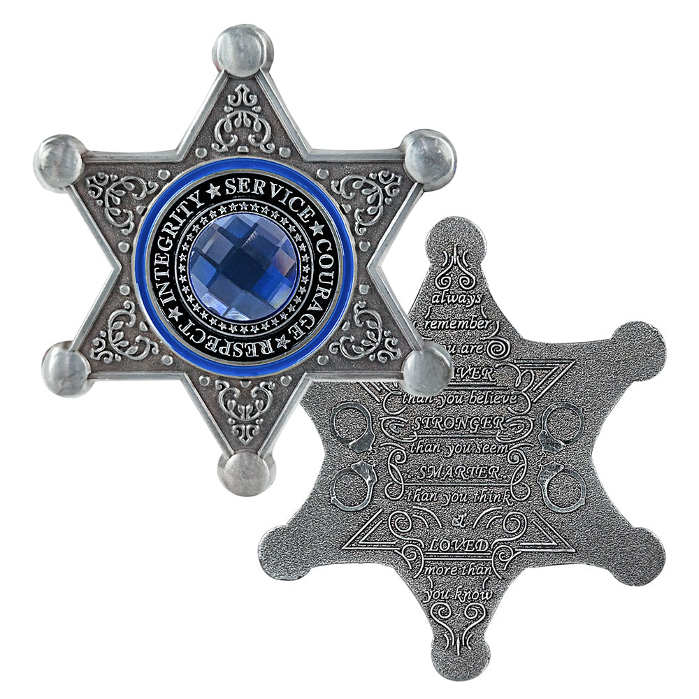 Sheriff Six Pointed Star Police Challenge Coin with Blue Gem Collectible Gift Coin mysite