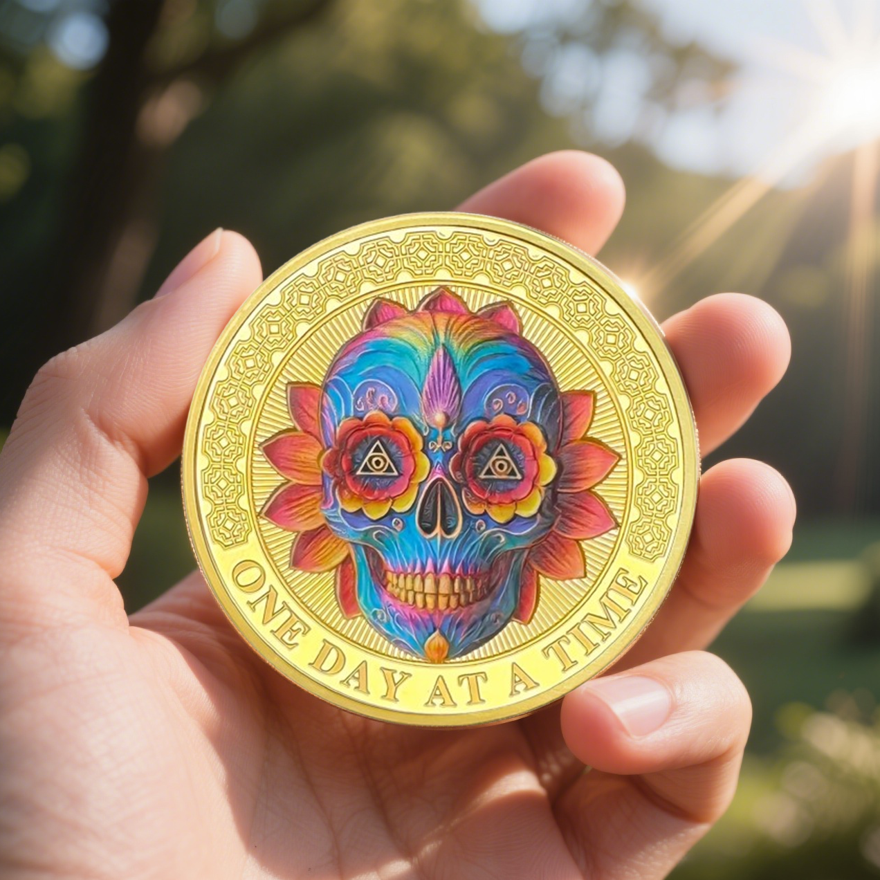 Colorful Skull Flower One Day at a Time Sobriety Coin mysite