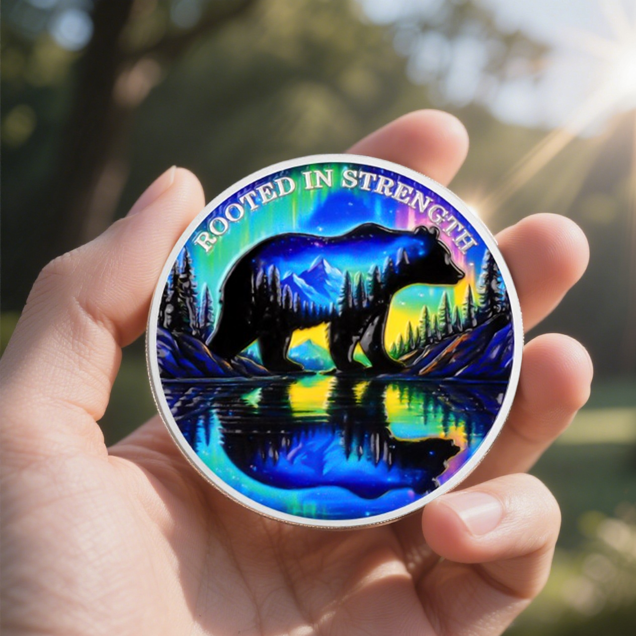 Personalized Rooted in Strength Sobriety Coin – Bear & Aurora Design mysite
