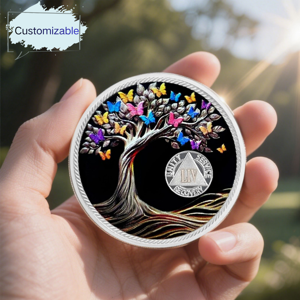 Personalized Delicate Recovery Butterfly Tree of Life Sobriety Coin mysite