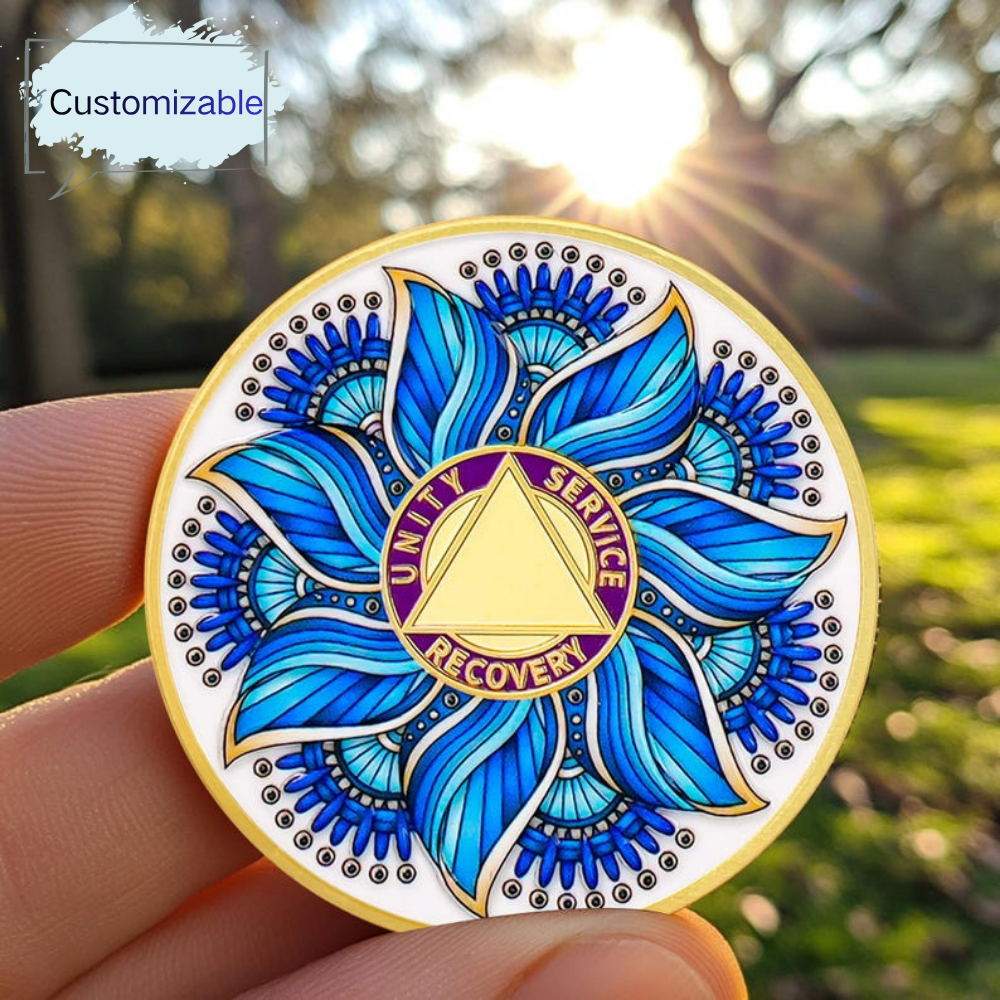 Personalized Recovery & Growth Blue Lotus Sobriety Coin mysite