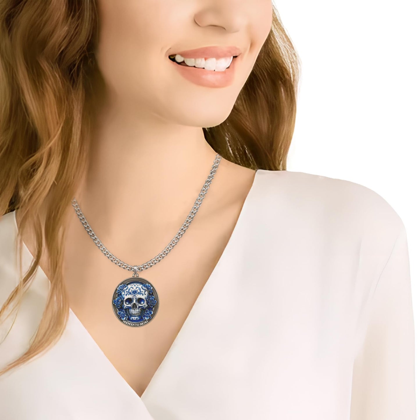 Memento Mori Skeleton Necklace with Blue White Porcelain Skull mysite