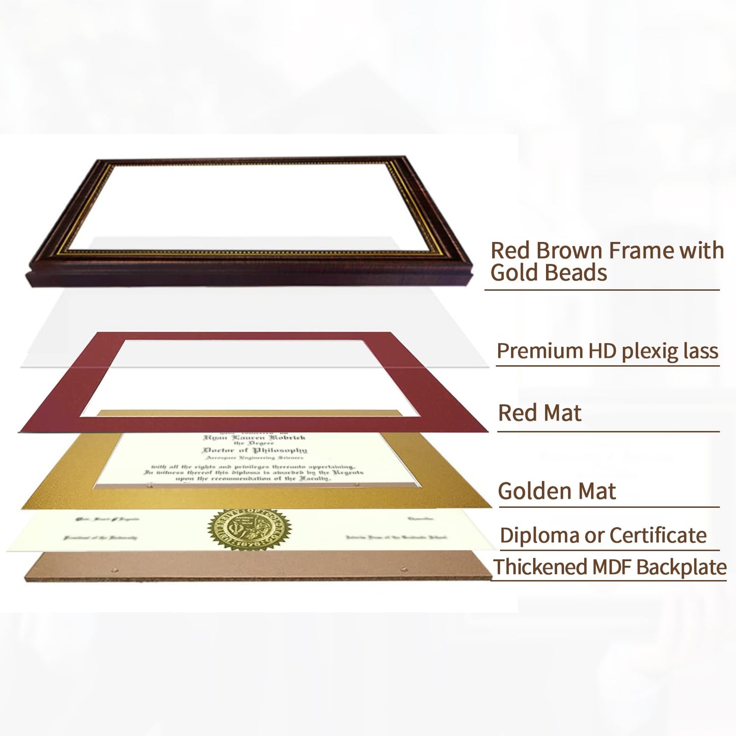 Red Brown Finish Document Degree Frame with Gold Beads HD Plexiglass Certificate Frame mysite