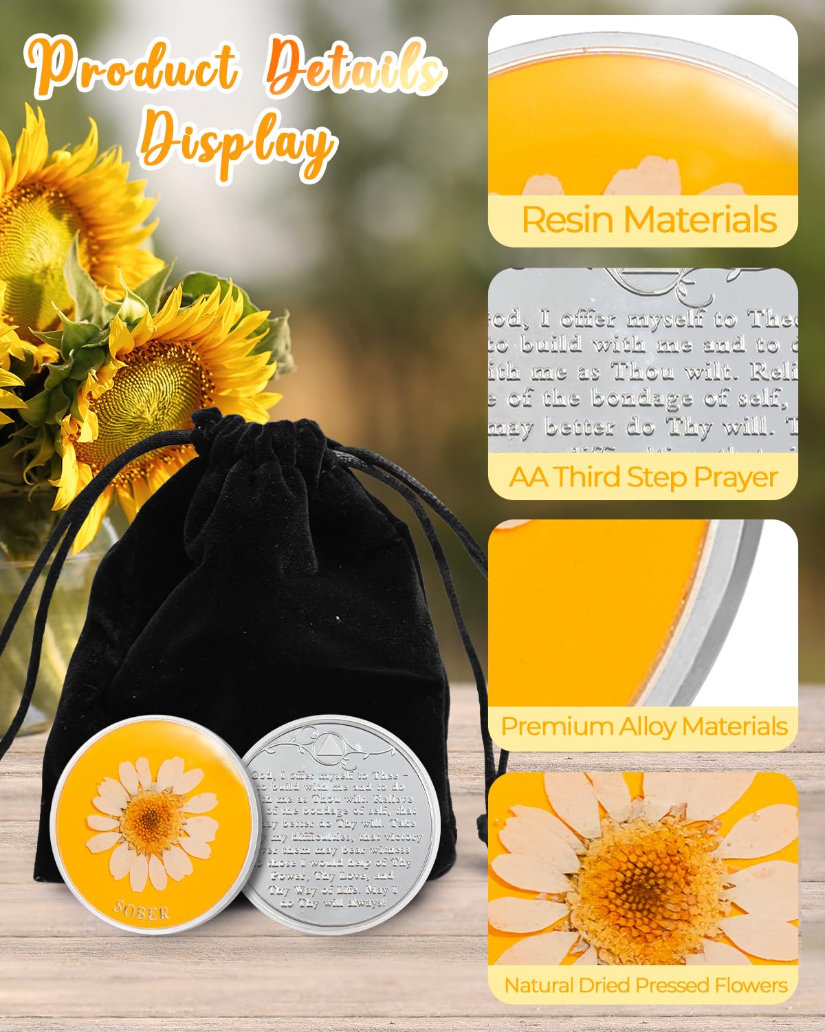 Real Dried Pressed Flowers Handmade Daisy Resin Sobriety Coin mysite