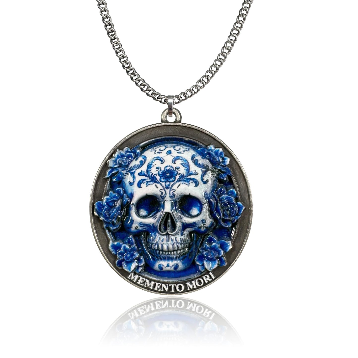 Memento Mori Skeleton Necklace with Blue White Porcelain Skull mysite