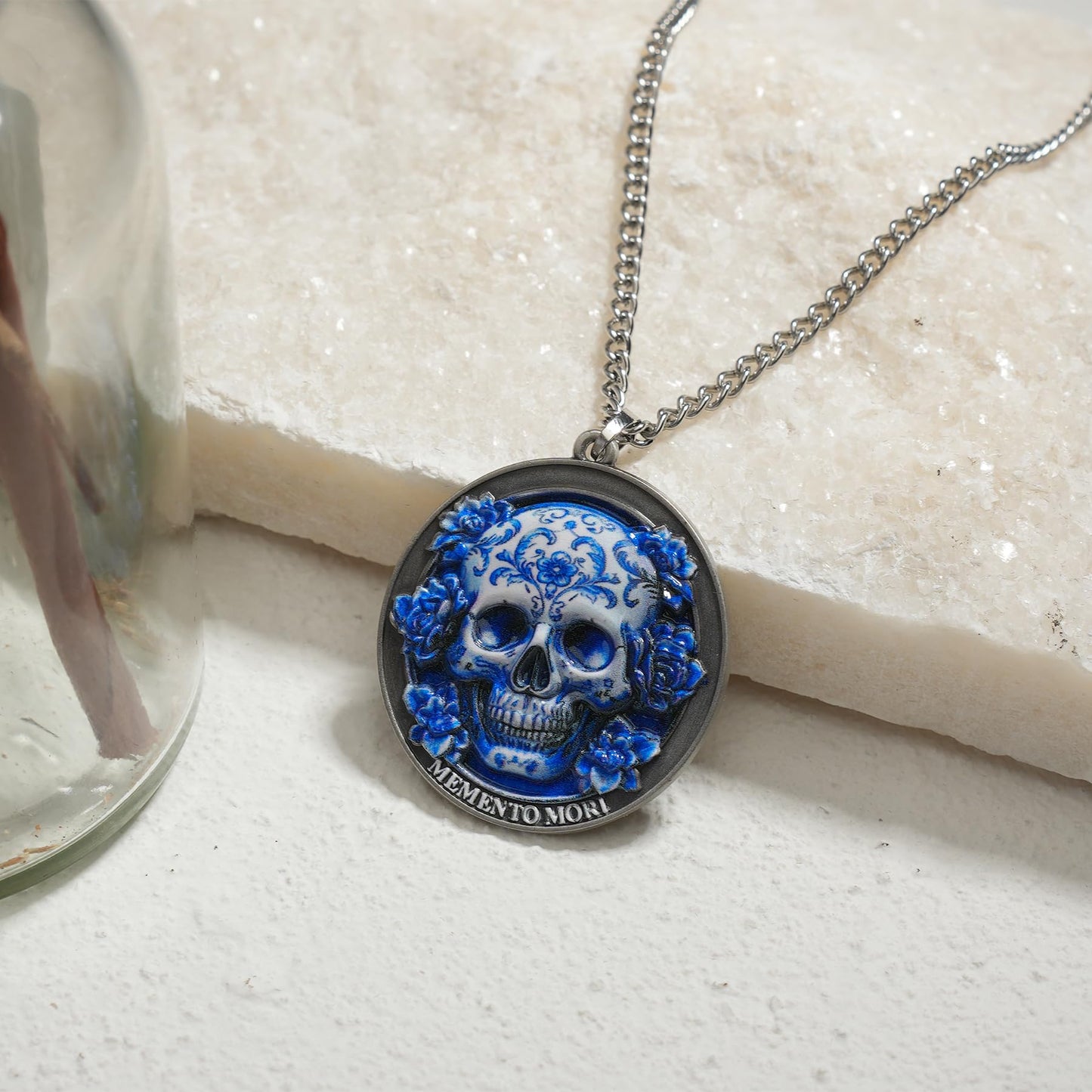 Memento Mori Skeleton Necklace with Blue White Porcelain Skull mysite