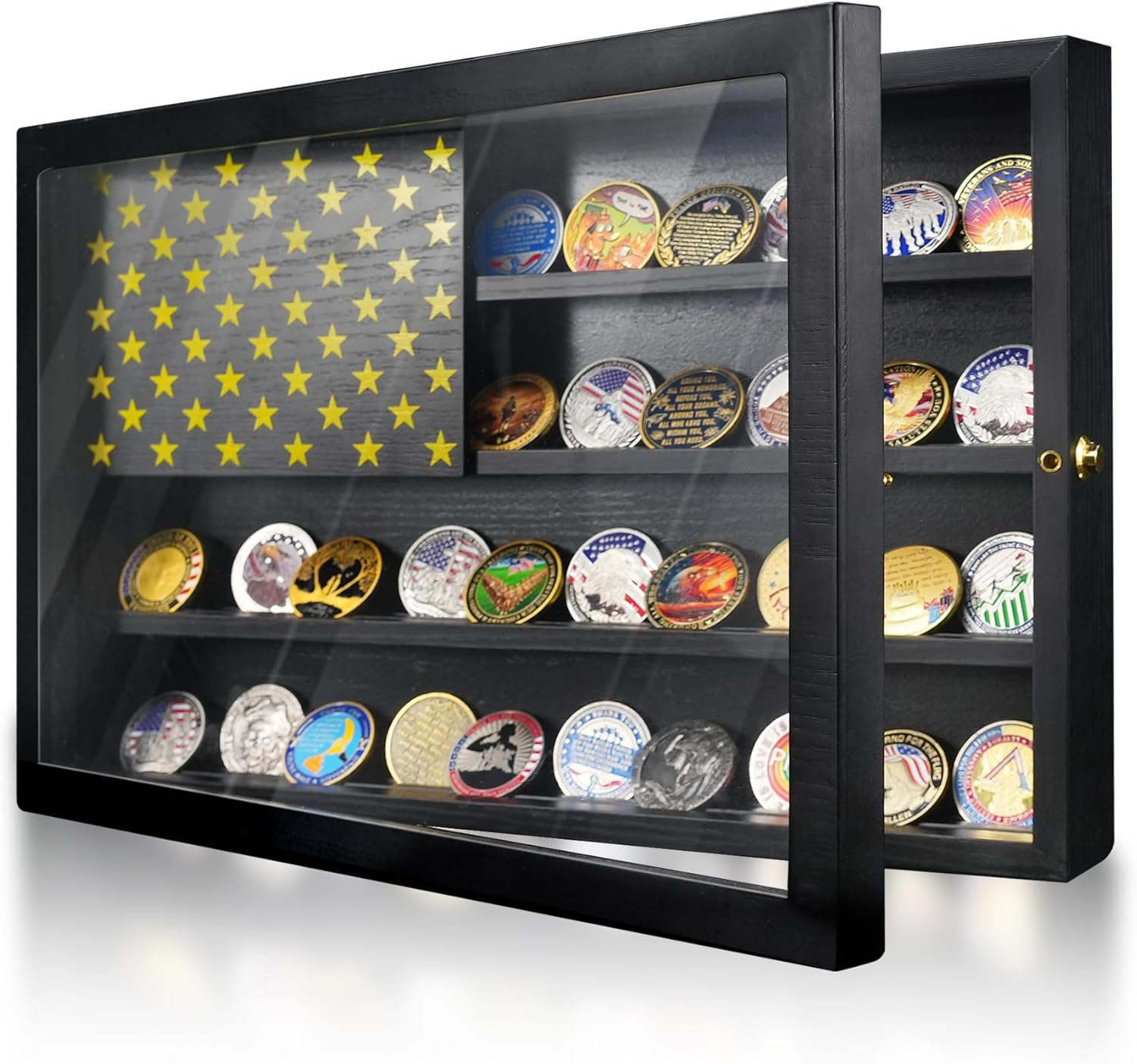 Anti-Fade Acrylic Door / Wooden Wall Mounted Coin Display Stand with Magnetic American Flag Holds 64-73 Coins mysite