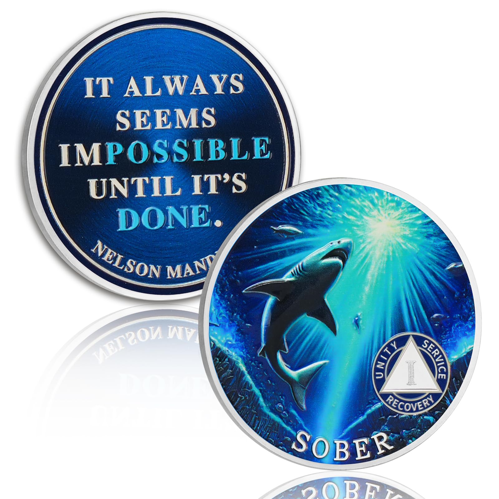 Personalized Mighty Shark  Swim to The Light  Sobriety Coin mysite