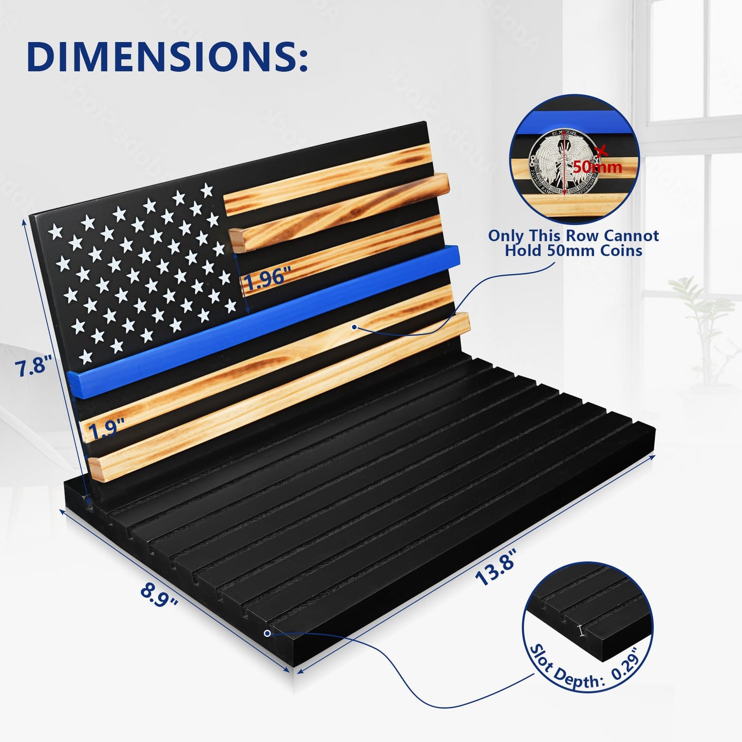 Wooden Removable 11 Rows Challenge Coin Display With American Flag mysite