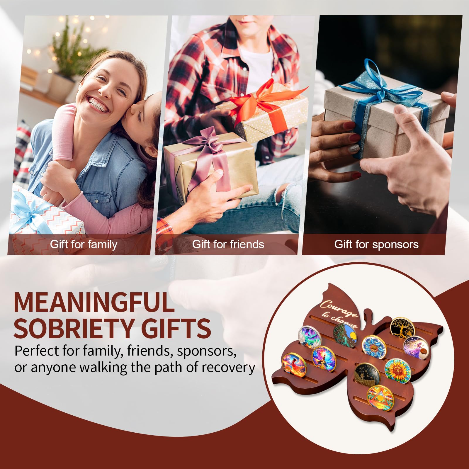 Solid Wood Sobriety Coin Holder Display Case with Courage to Change Design mysite