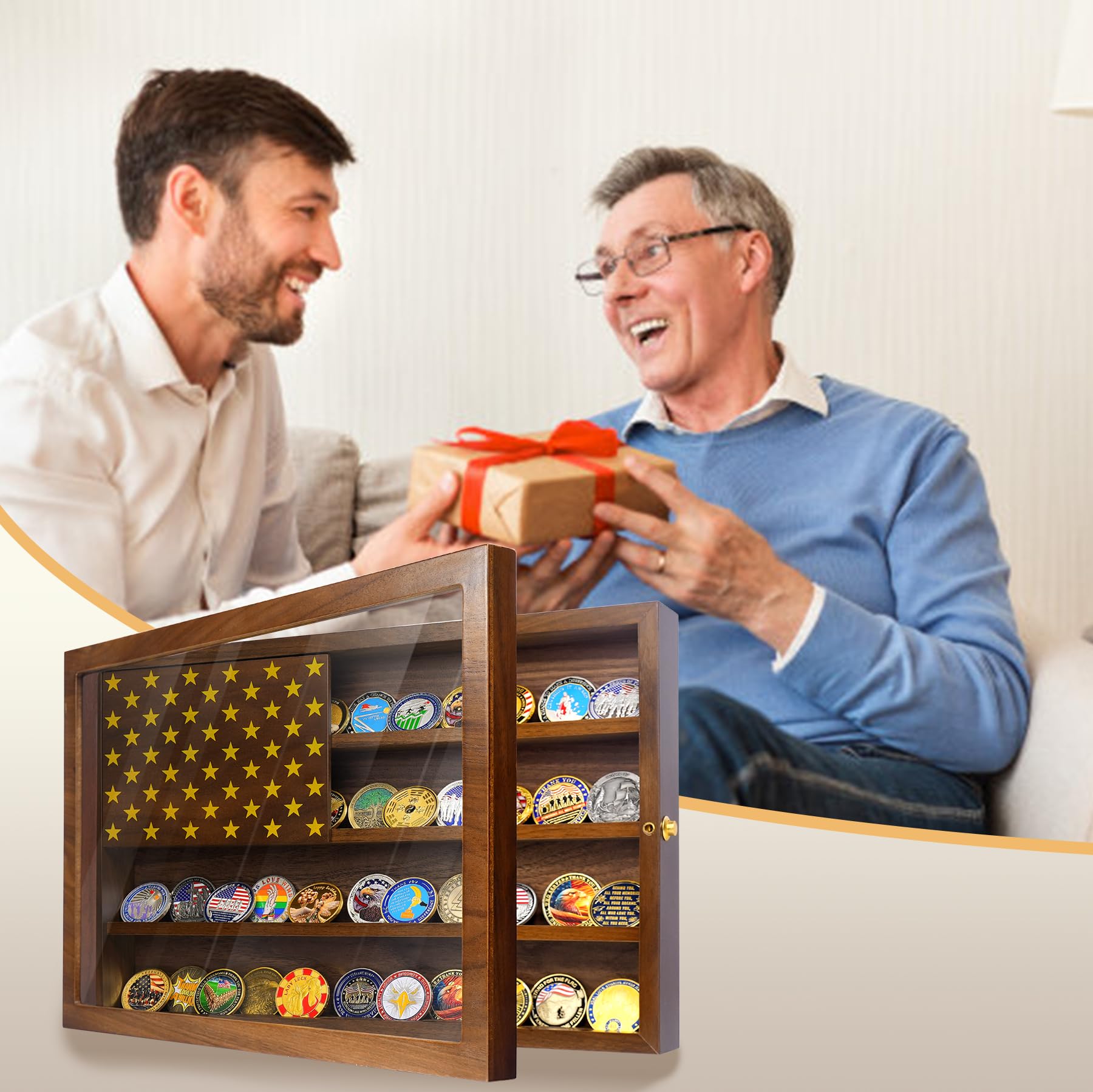 Anti-Fade Acrylic Door / Wooden Wall Mounted Coin Display Stand with Magnetic American Flag Holds 64-73 Coins mysite