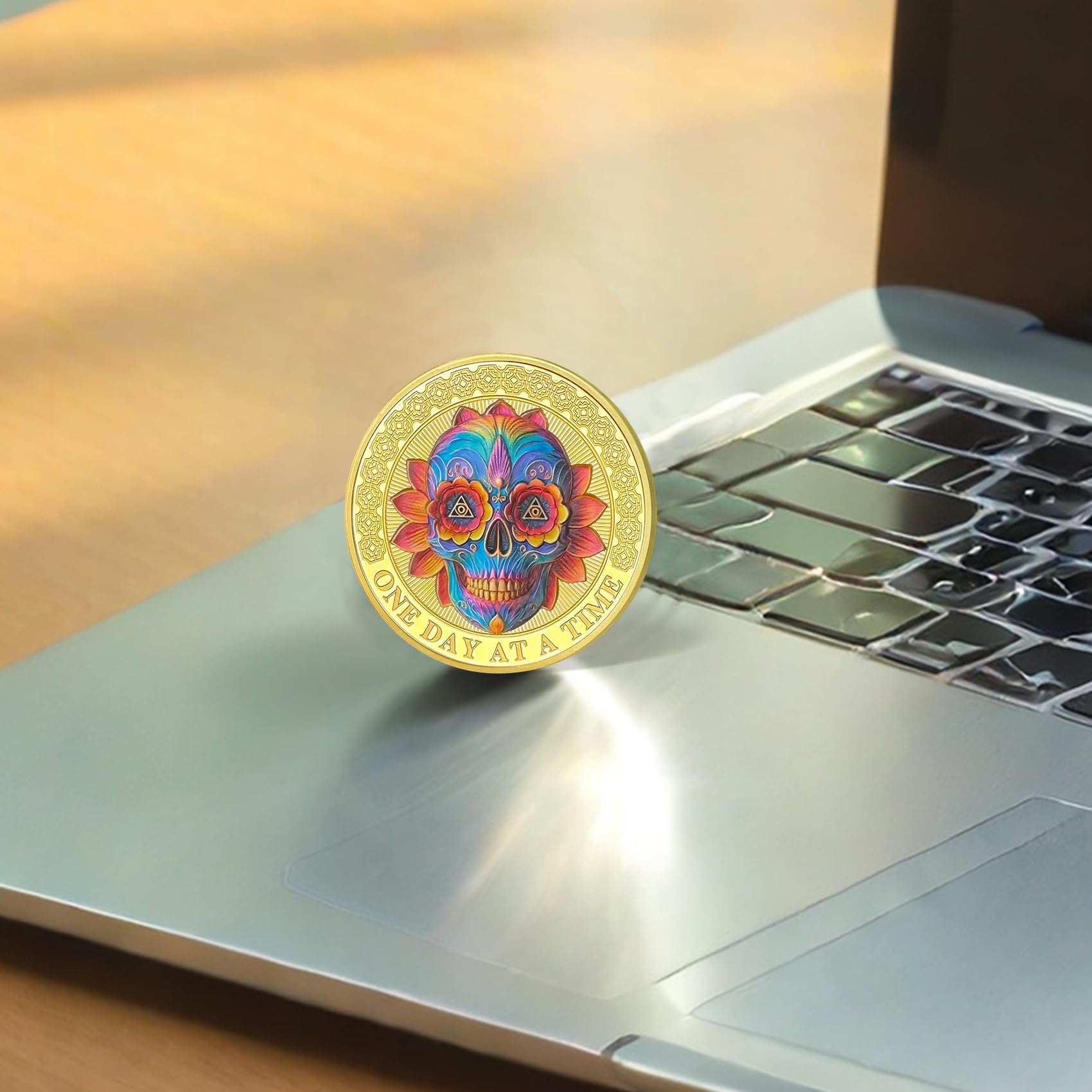Colorful Skull Flower One Day at a Time Sobriety Coin mysite