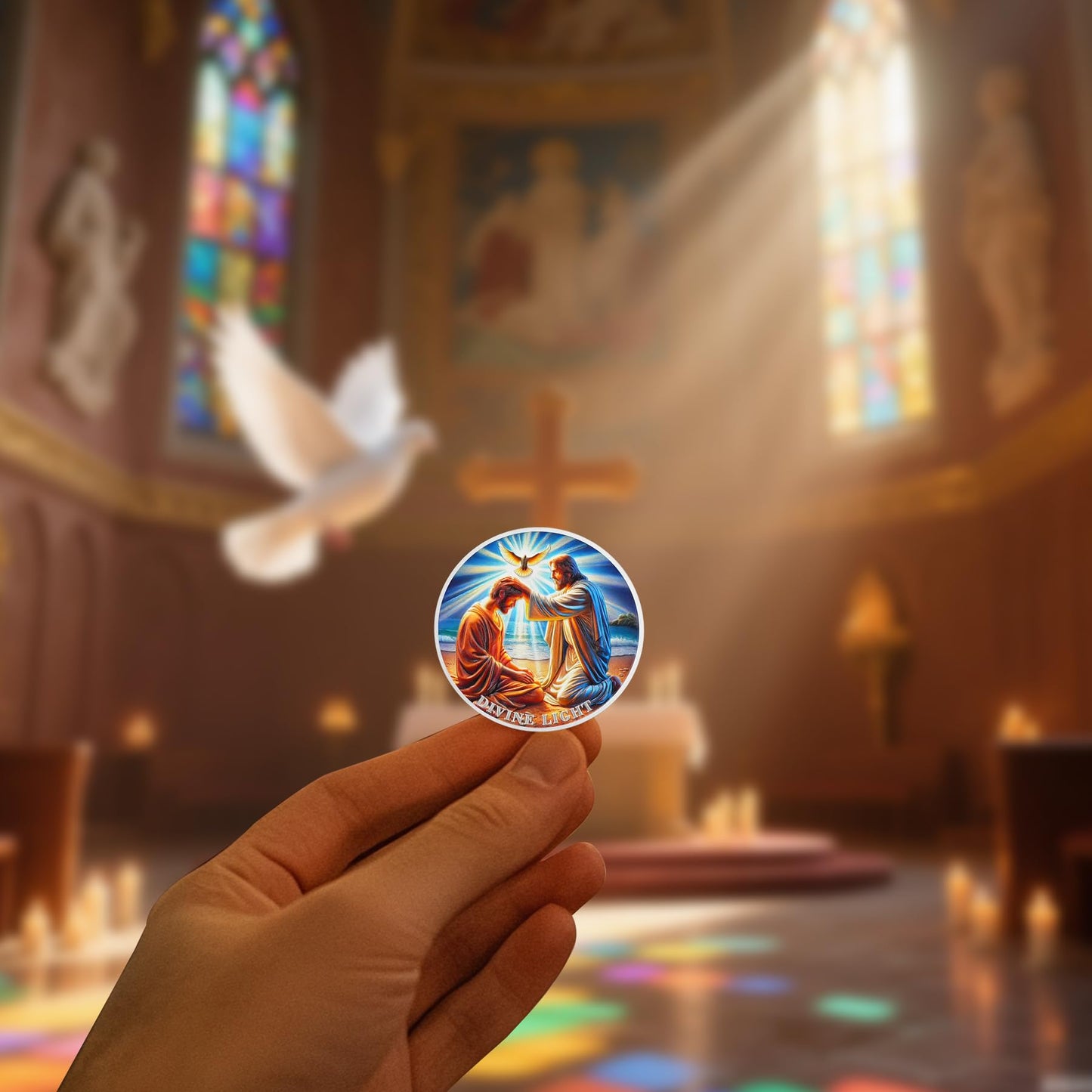 Divine Light Religious Coin Jesus Blessing Faithful with Dove & Light Symbo mysite