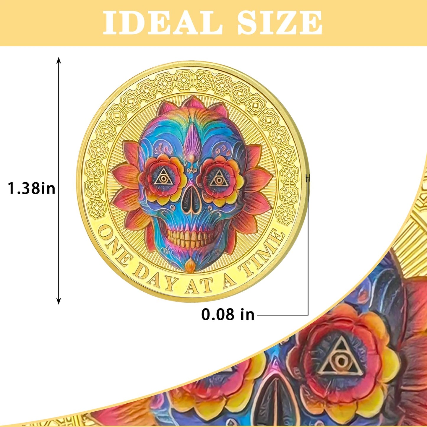 Colorful Skull Flower One Day at a Time Sobriety Coin mysite