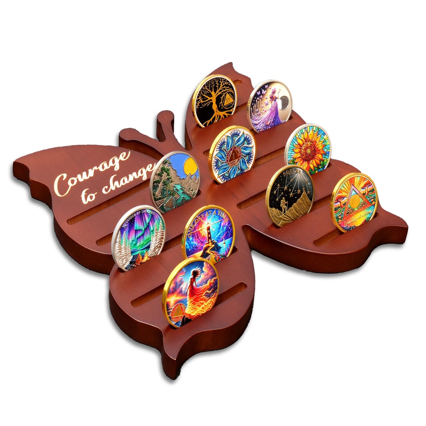 Solid Wood Sobriety Coin Holder Display Case with Courage to Change Design mysite