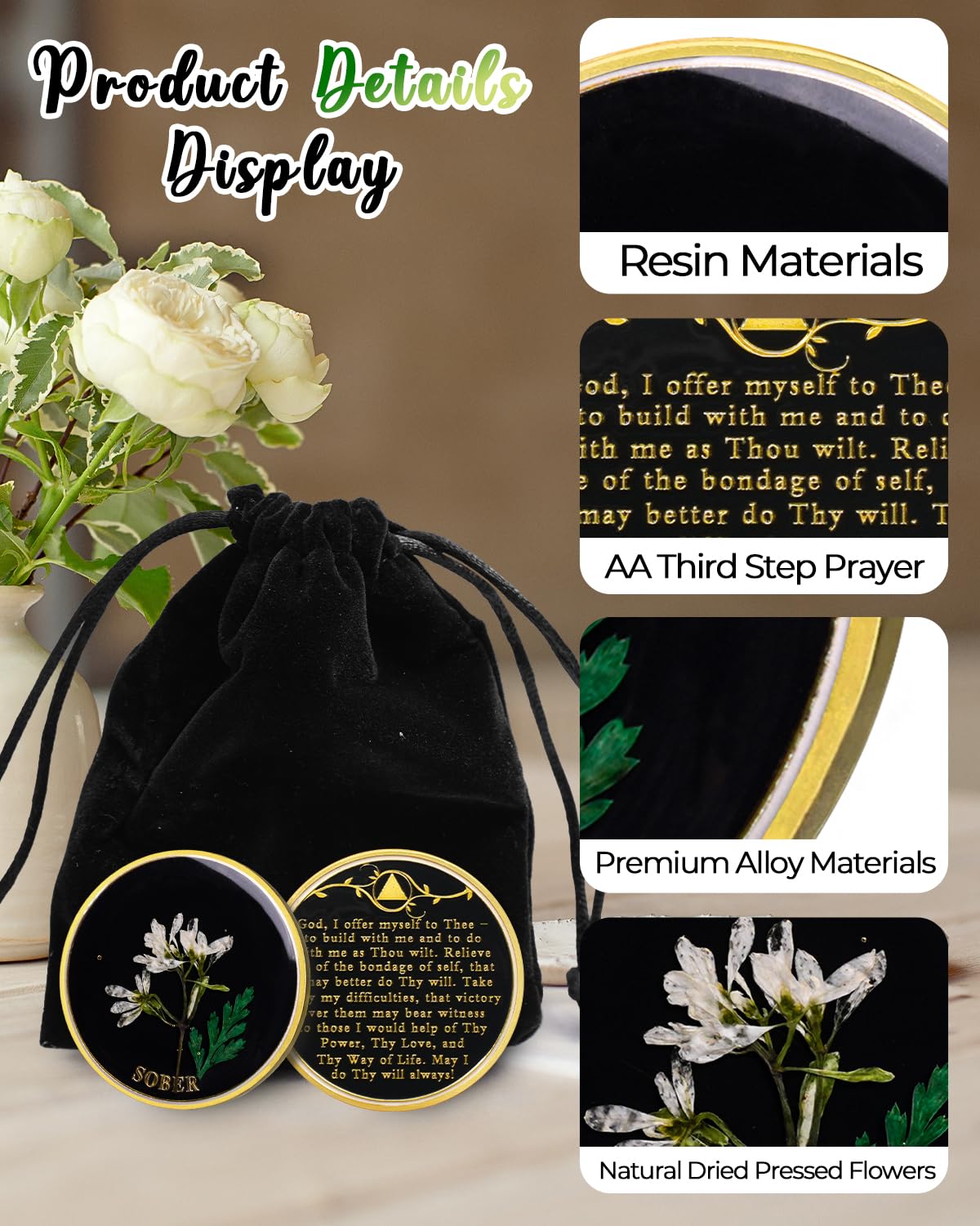 Real Dried Pressed Flowers Handmade Snowdrop Resin Sobriety Coin mysite