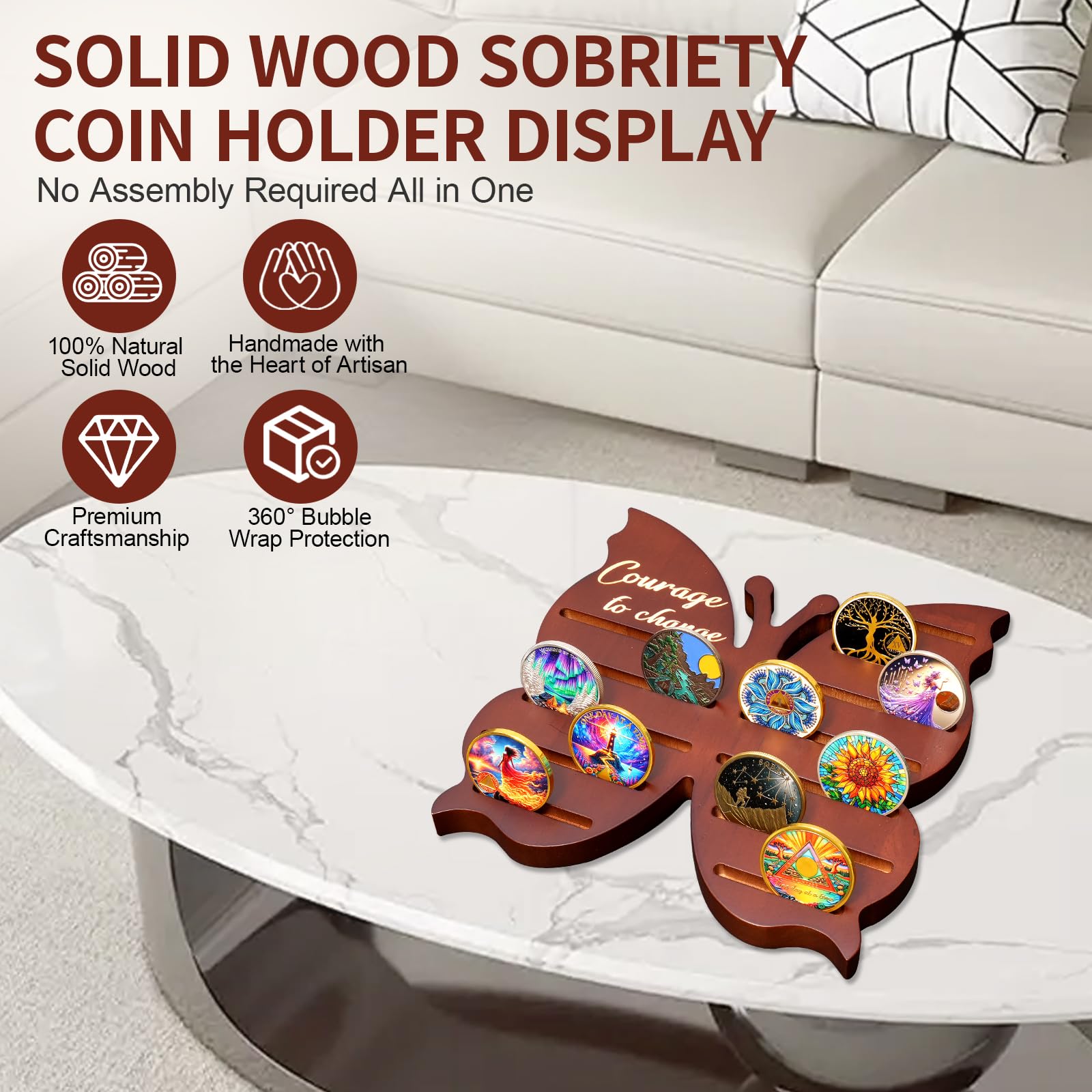Solid Wood Sobriety Coin Holder Display Case with Courage to Change Design mysite