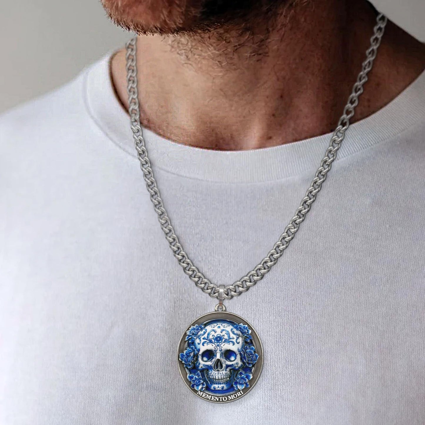 Memento Mori Skeleton Necklace with Blue White Porcelain Skull mysite