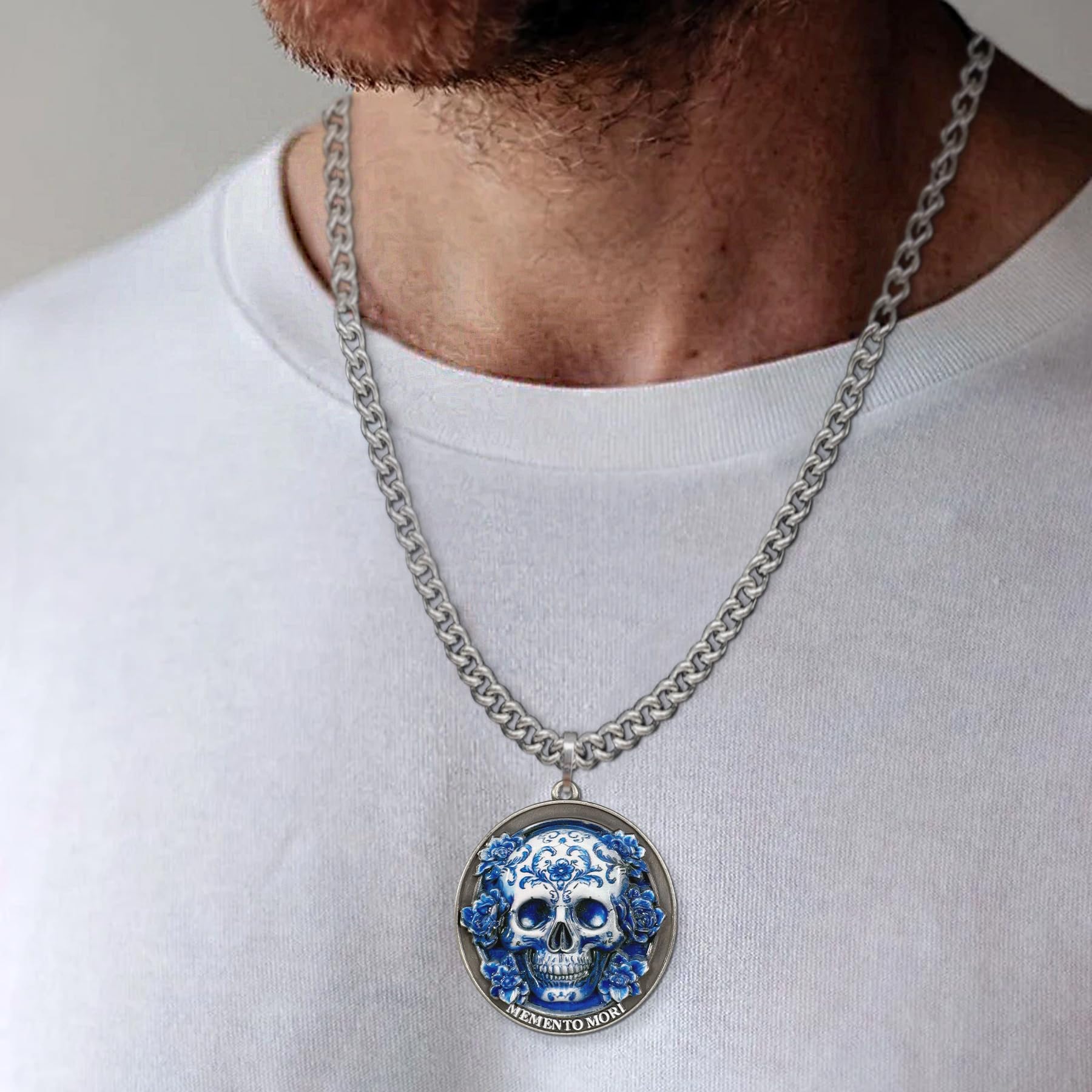 Memento Mori Skeleton Necklace with Blue White Porcelain Skull mysite