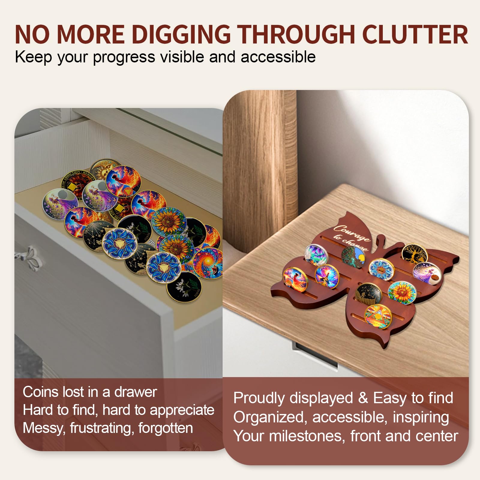 Solid Wood Sobriety Coin Holder Display Case with Courage to Change Design mysite