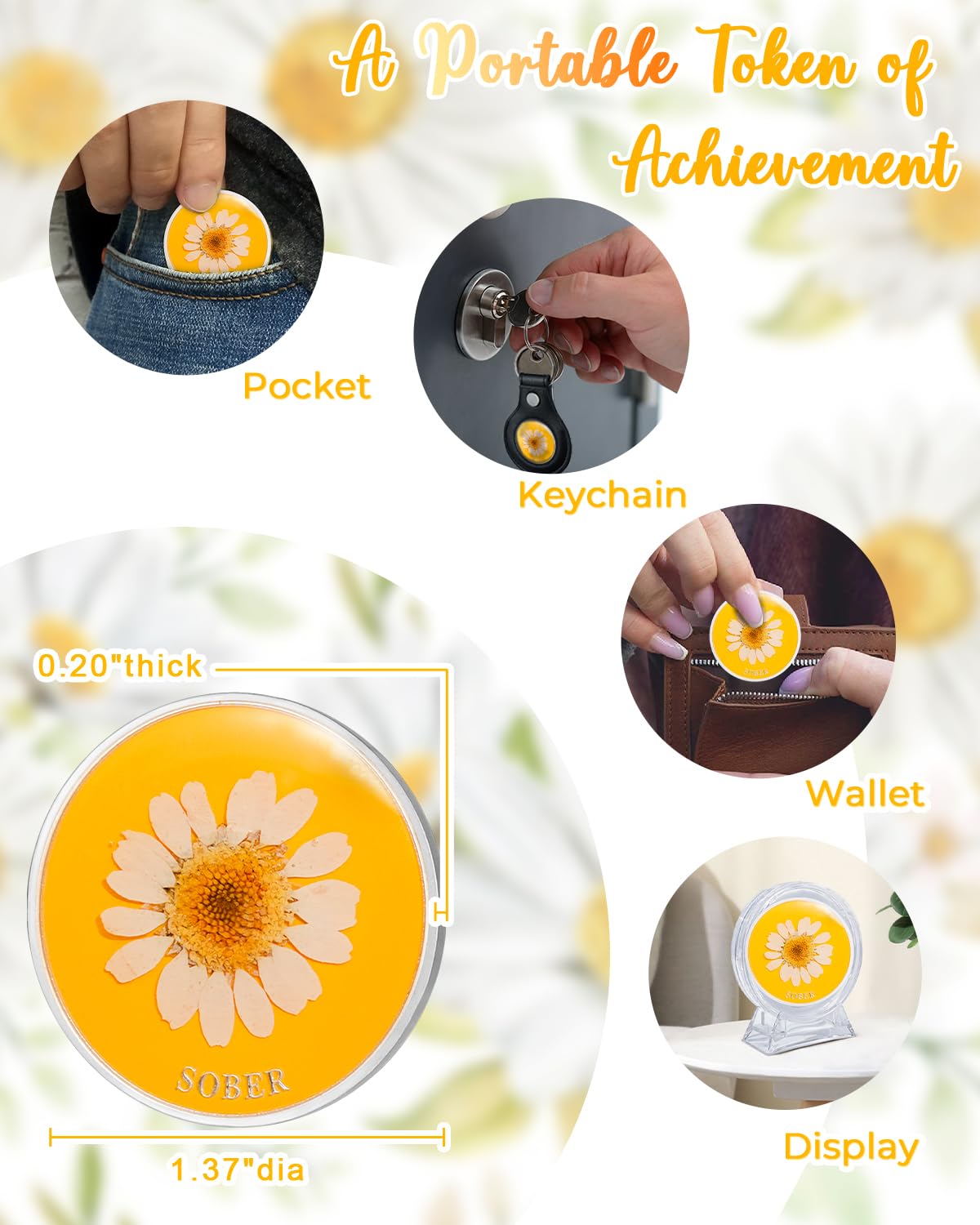 Real Dried Pressed Flowers Handmade Daisy Resin Sobriety Coin mysite