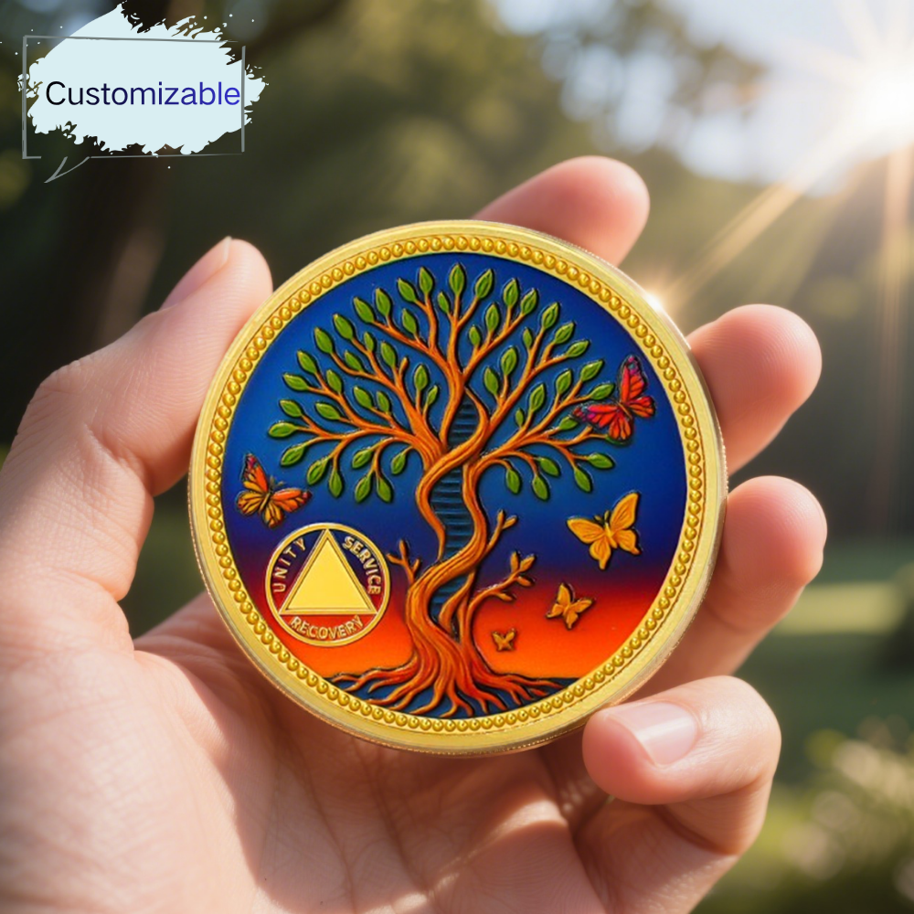 Pesonalized Tree of Life & Butterflies Sobriety Coin mysite